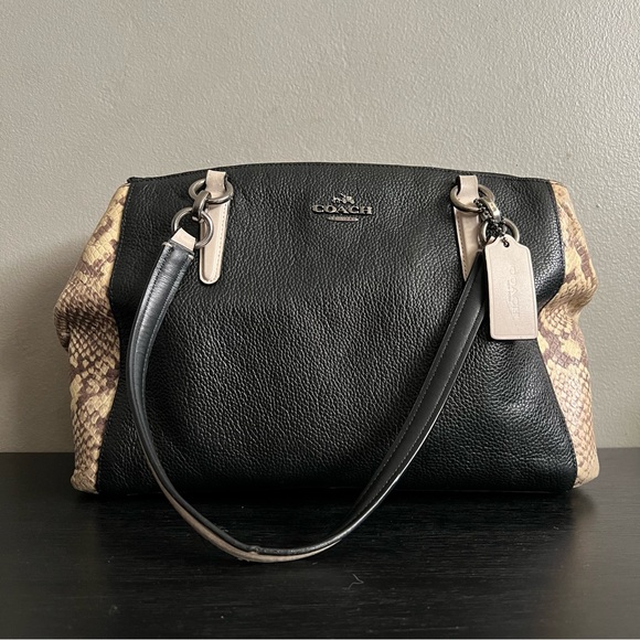 Coach Handbags - Coach Christie Carryall Black Beige Leather Snake Embossed Satchel Bag